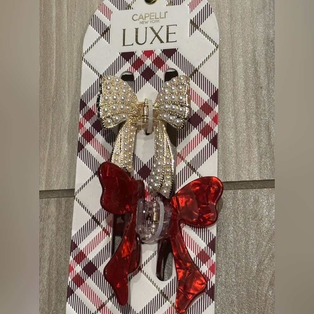 NWT Capelli of New York Gold and Red Bow Hair Claw Clips set of 2